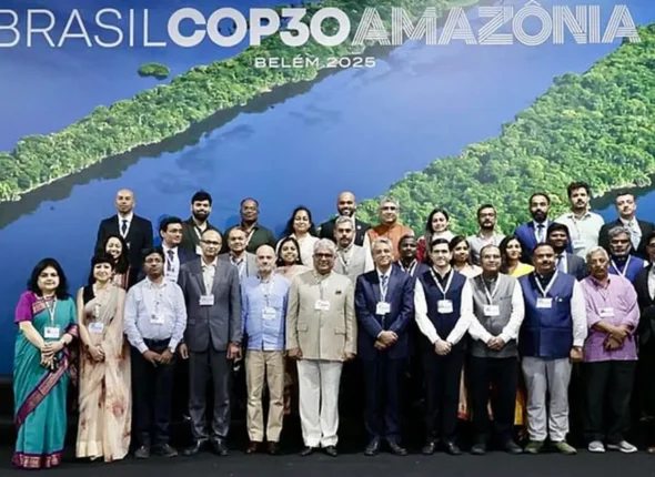 Minister Bhupender Yadav with India delegates at COP30 Belem