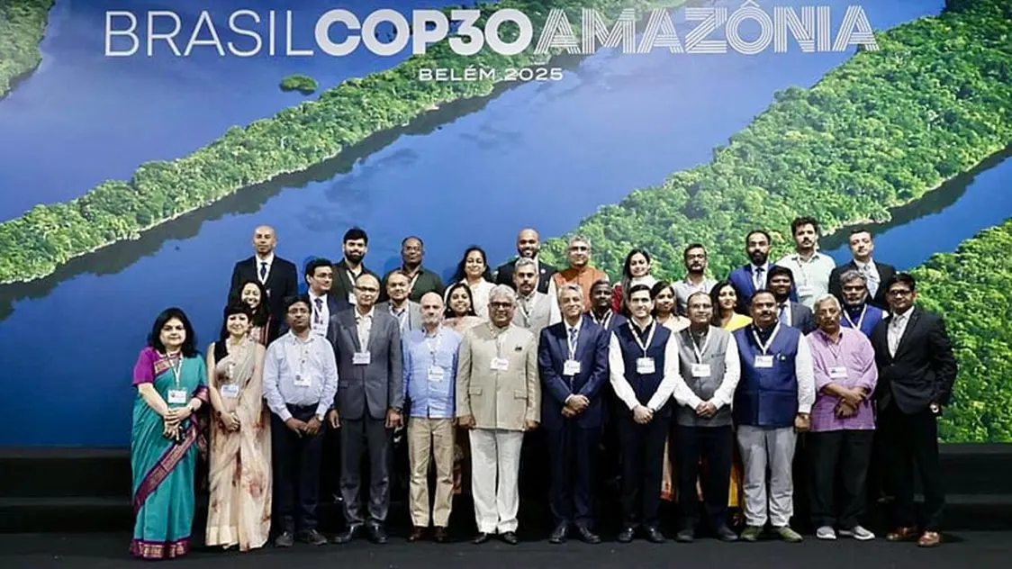 Minister Bhupender Yadav with India delegates at COP30 Belem